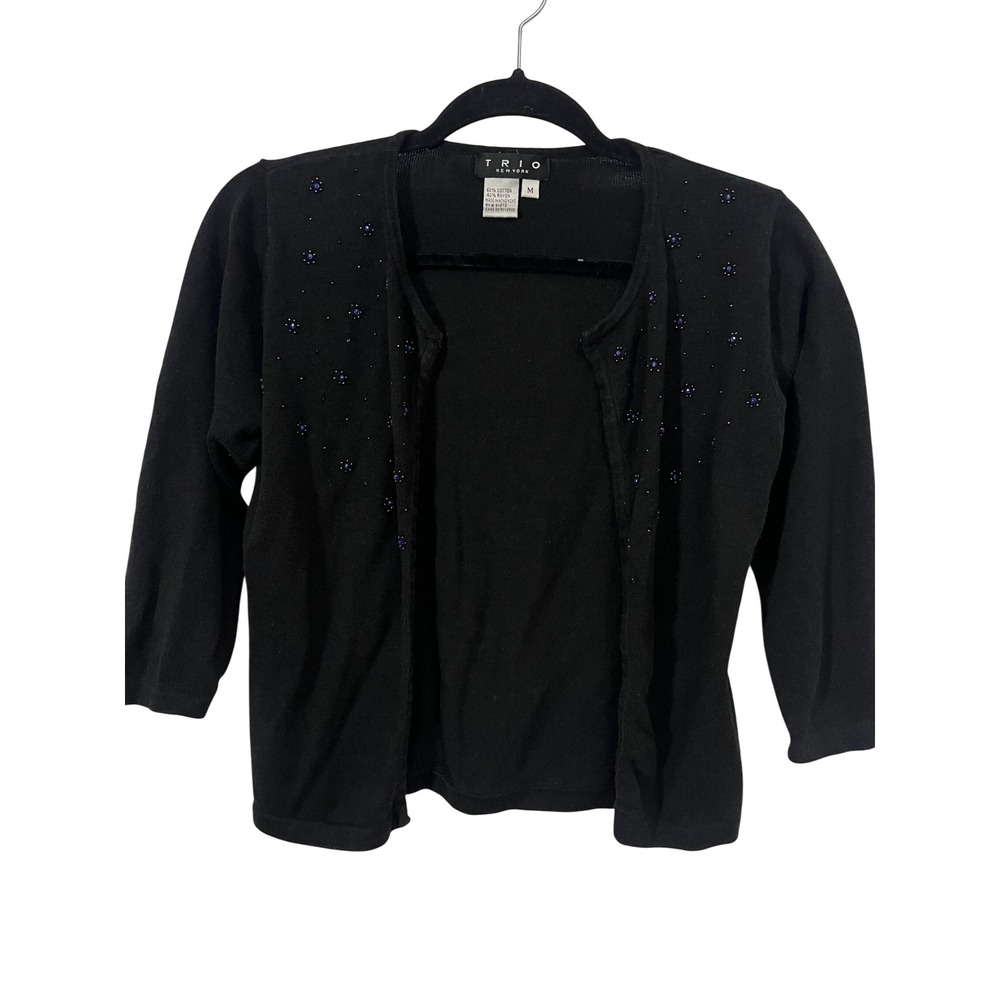 Vtg Trio New York Cardigan Size M Vintage Black Beaded Floral Knit